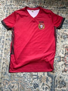 Portugal Red V-Neck Soccer Tee with Crest